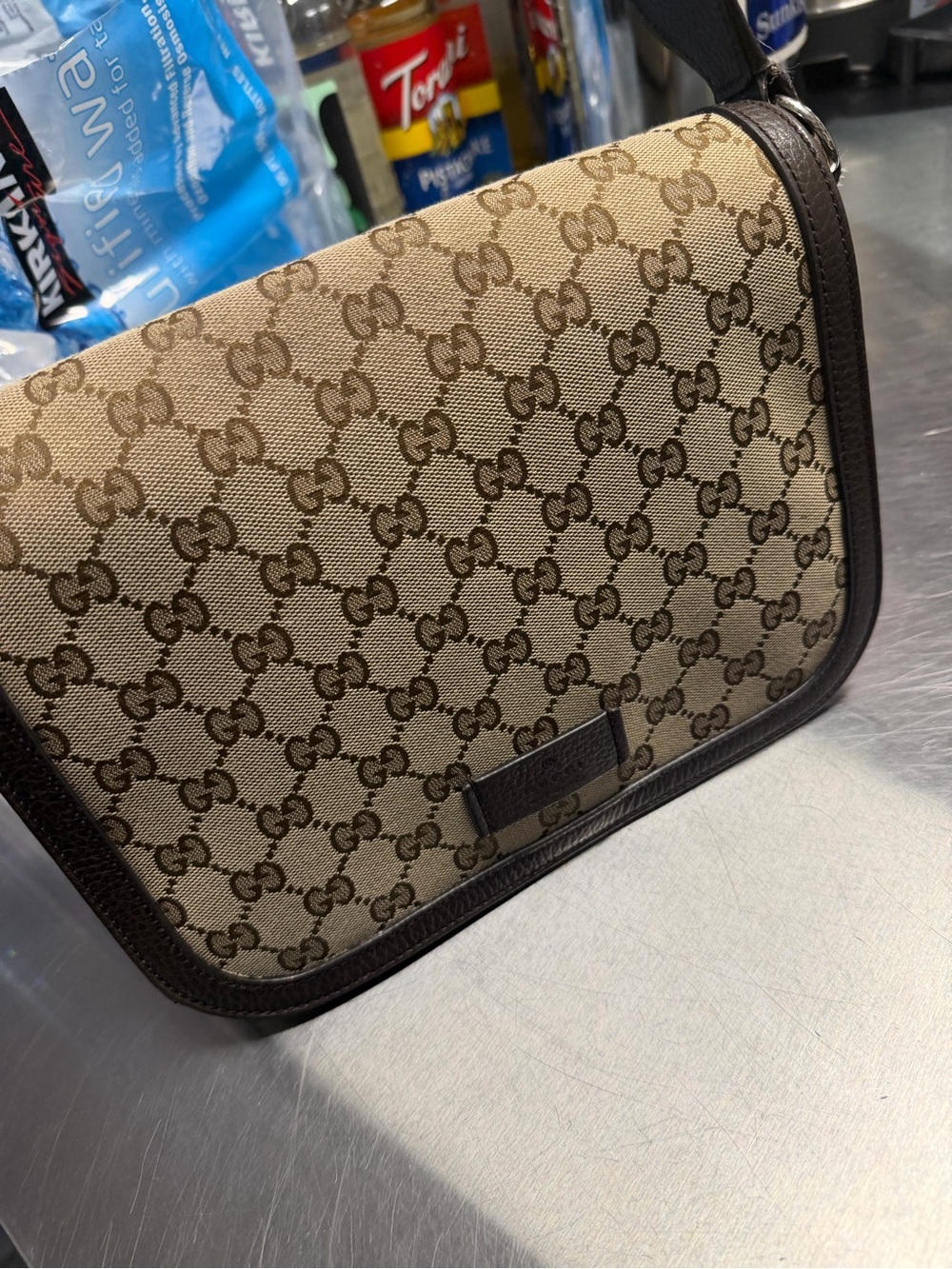 Gucci Beige/Tan Monogram Crossbody Bag with Brown Trim